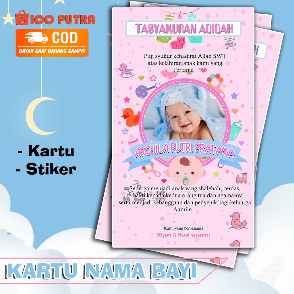 Kartu nama bayi / Kartu Tasyakuran Aqiqah / kartu aqiqah / stiker aqiqah / kartu puputan SC3