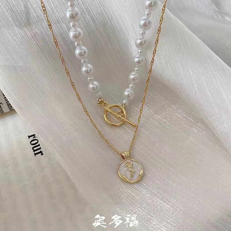 IFYOU Kalung Choker Mutiara Ganda Bentuk Bunga Mawar Gaya Vintage Untuk Wanita