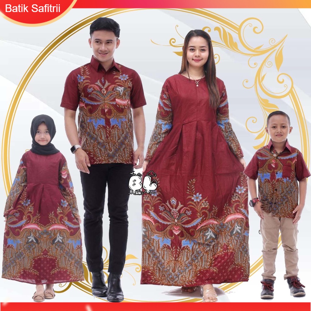 Couple Keluarga - Batik Keluarga Hijab - Ibu Bapak Anak - Motif Bunga Mahkota Merah - Dress Tunik Bl