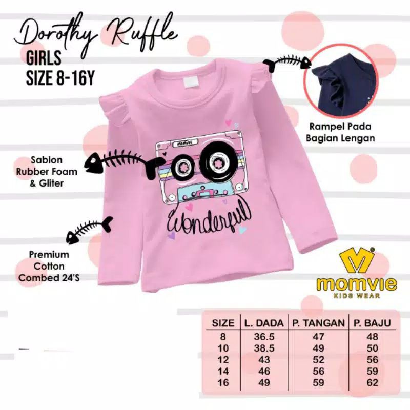GRATIS SABUN KERTAS MINI Kaos Anak Cewek Dorothy Ruffle Lengan Panjang Momvie 8Y - 16Y