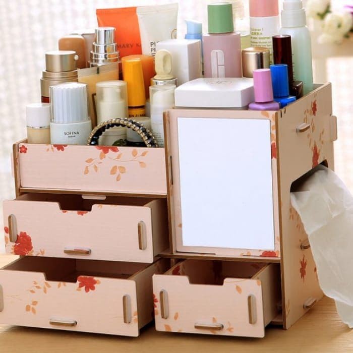 Laci Kosmetik Kayu 3 Susun + Cermin (Rak Kosmetik Kayu Mini) murah baru makassar