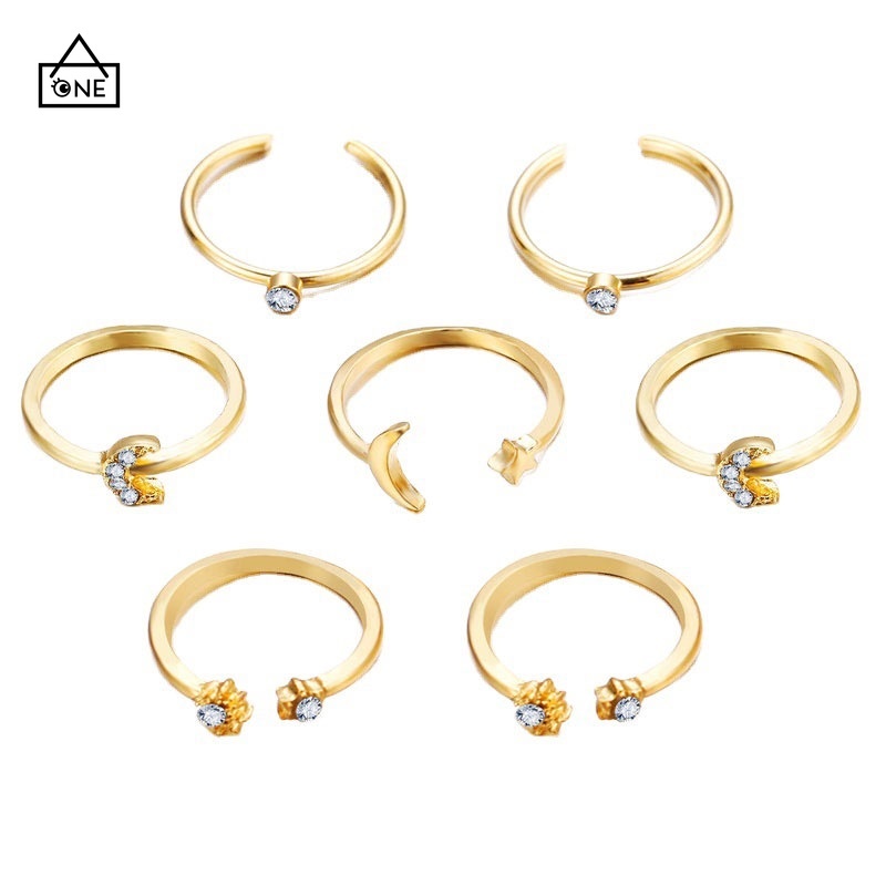 COD❤7 Piece Cincin Set Kupu-kupu Bintang Bulan Korea Retro Bohemian Mewah Pernikahan  Aksesoris A one