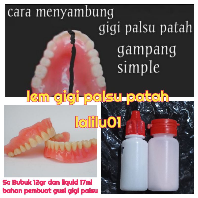paketan mini self cure SC bubuk 12gr dan cair liquid 17ml lem gigi palsu yg patah retak pecak bahan 