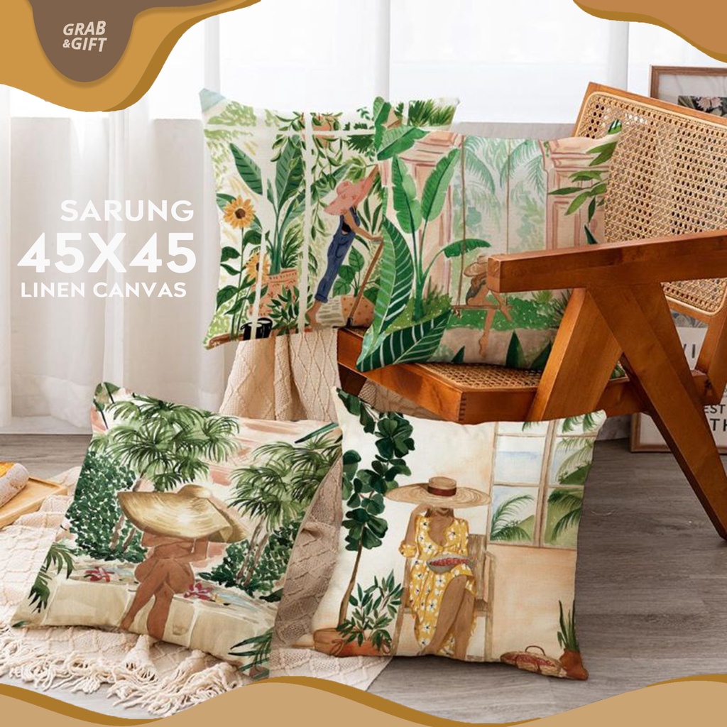 SARUNG Bantal Sofa Print 45x45 cm Linen Motif Nordic Scandinavian Botanical Garden Grabandgift