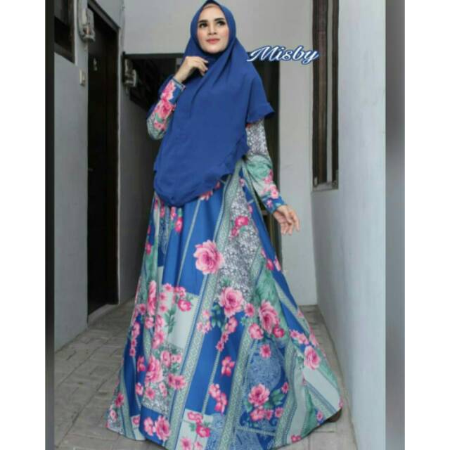 Gamis Misby Syari Hijab Busui Motif Kembang Lebar Payung Allsize Biru Navy