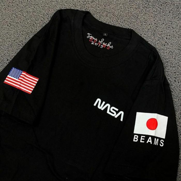 KAOS BAJU DISTRO PRIA WANITA H&M X NASA BEAMS COMBED - Putih, S