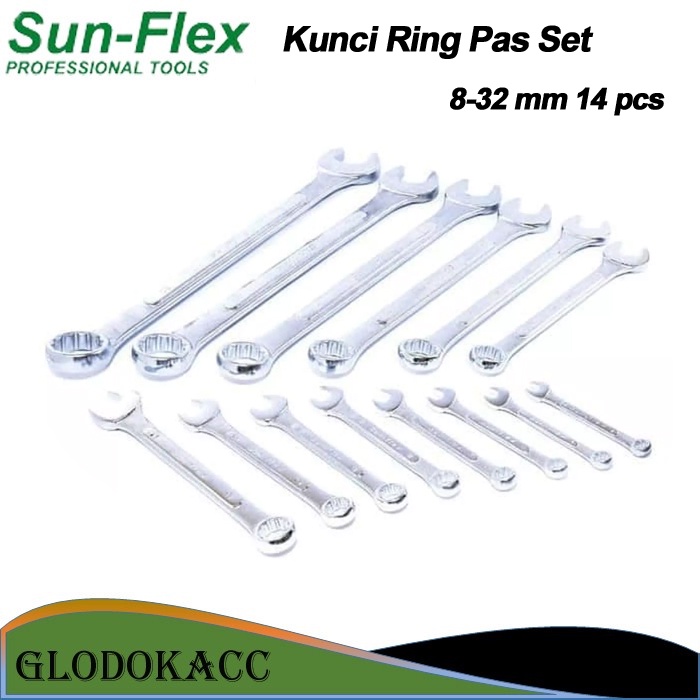 Kunci Ring Pas Set (14 pcs) Sun-flex 8 mm - 32 mm CR-V