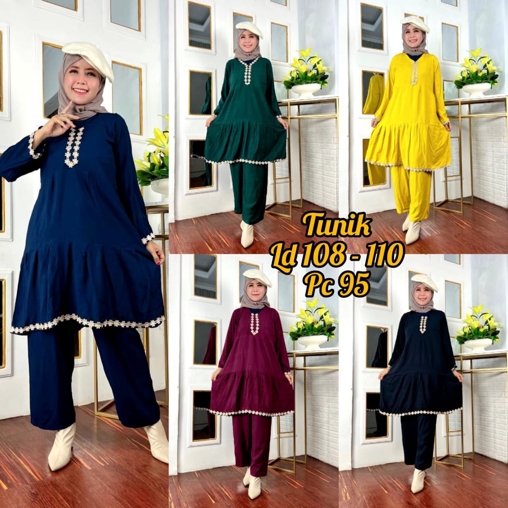 Setelan Tunik Celana Panjang Renda Polosan Rempel Busui Arabian Tali Belakang