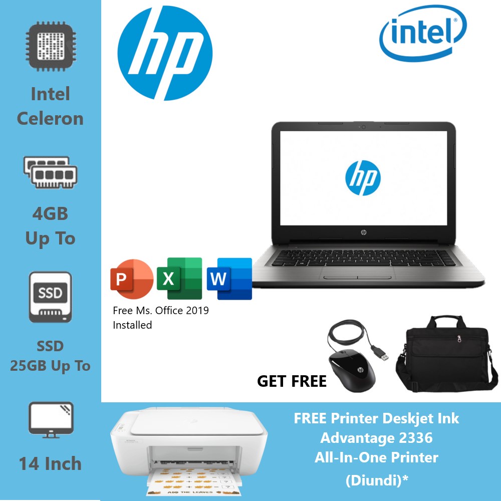 LAPTOP HP 14 intel celeron RAM 8GB / SSD 240GB / WINDOWS 10 "FREE TAS +mouse/ Laptop murah