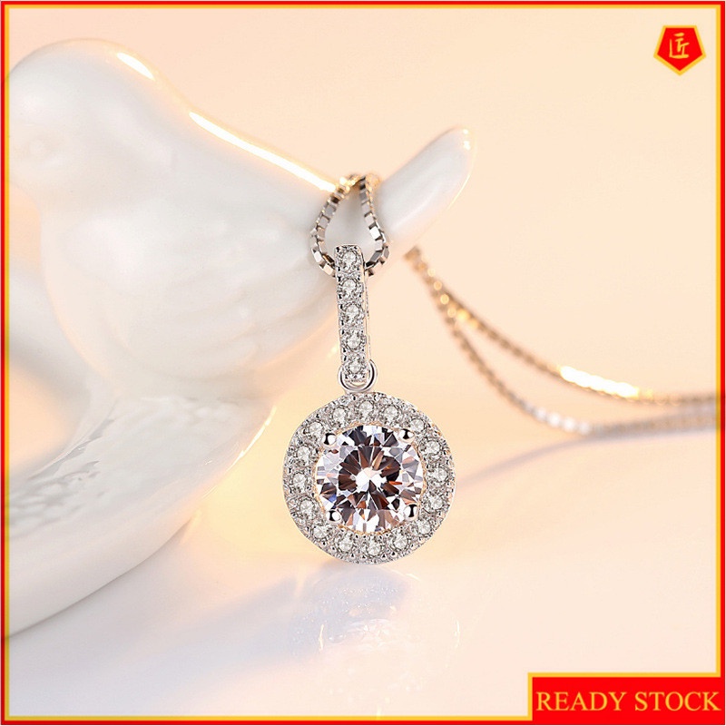 [Ready Stock]Fashion Silver Plated round Colored Gemstone Pendant Luxury Necklace