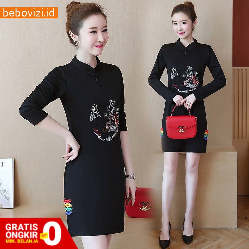 Party Dress Midi Wanita Model Cheongsam Motif Bordir Pesta Pernikahan Malam