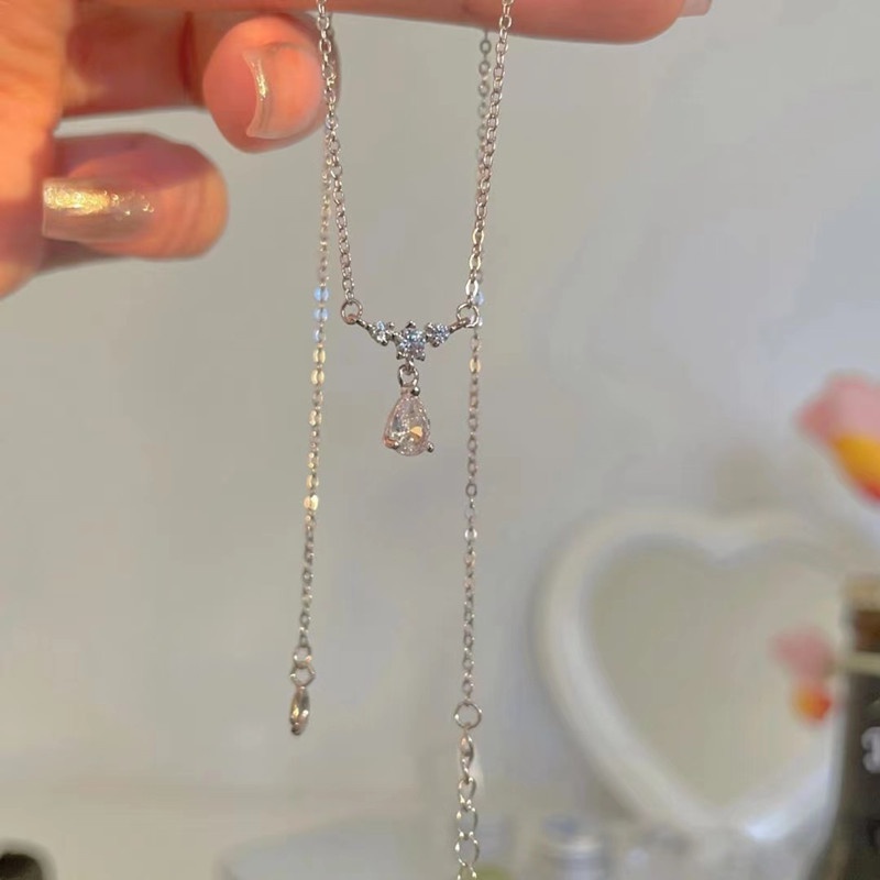 Kalung Rantai Klavikula Desain Water Drop Aksen Berlian Zirkon Untuk Hadiah Pacar Perempuan