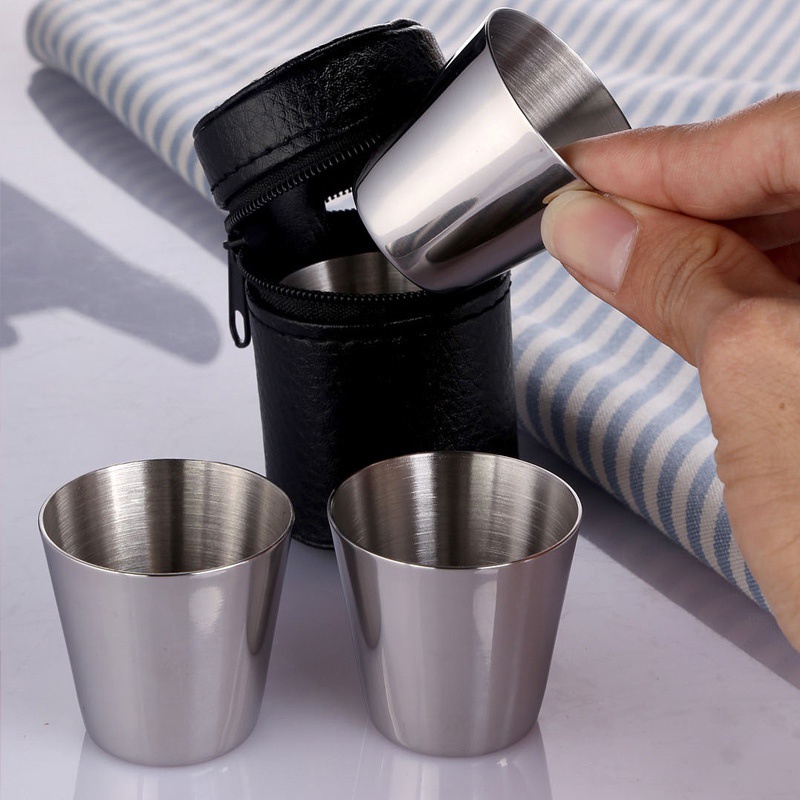 4Pcs/set Polished 30ML Mini Stainless Steel Shot Cup Wine Drinking Glasses With Leather Cover Bag For Home Kitchen Bar OWT