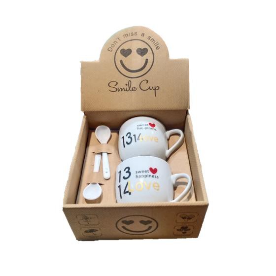 OSM - H844 (2PCS)Cangkir Keramik Set Sendok / Gelas Motif Emoji & Angka Love / Cangkir Karakter Unik-1314 Love
