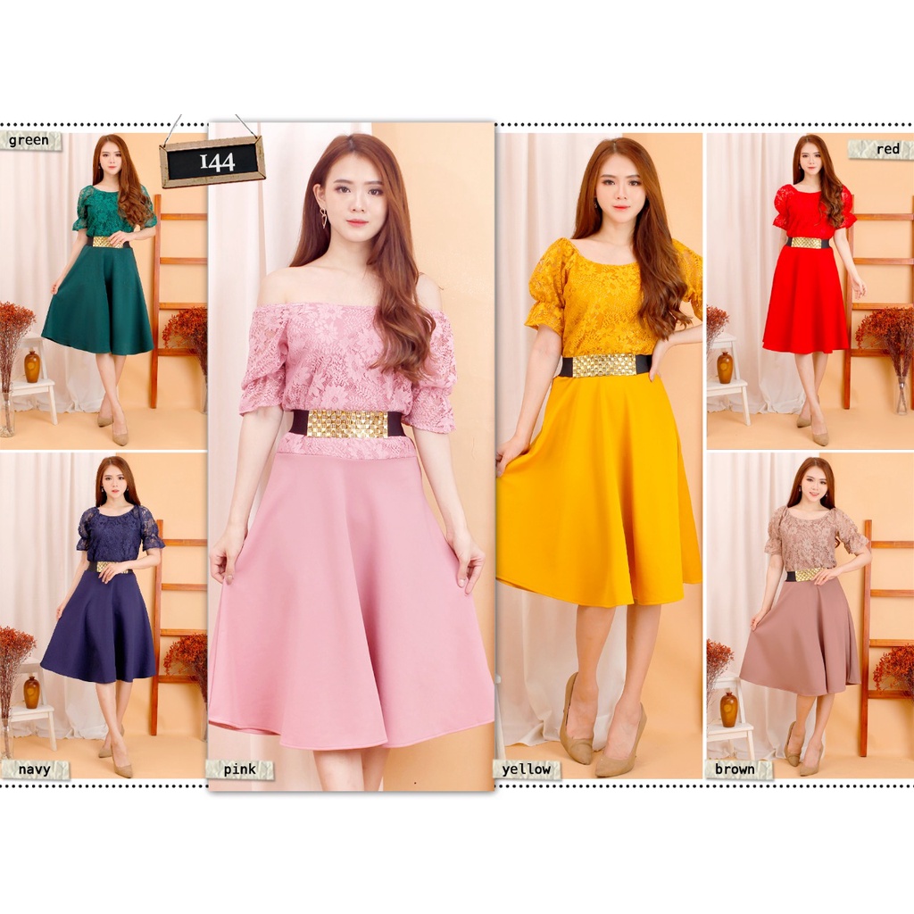 Kathryn collection #144 , DRES ROK MEKAR SCUBA IMPORT PREMIUM KOMBINASI BRUKAT GLITER FREE BELT