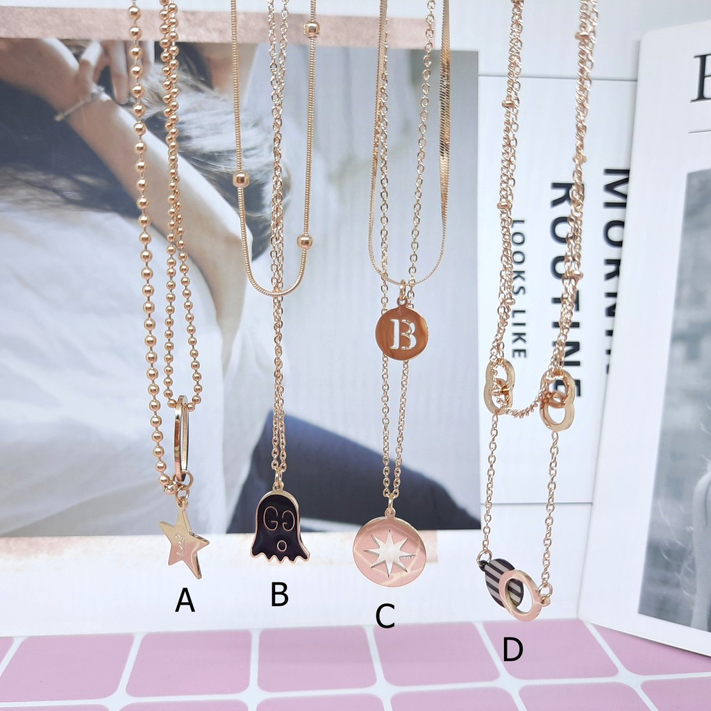 Kalung Kpop Titanium Korea 2 Layer Import Rantai Biji Lada Cassandra Belut Rosegold - BN423