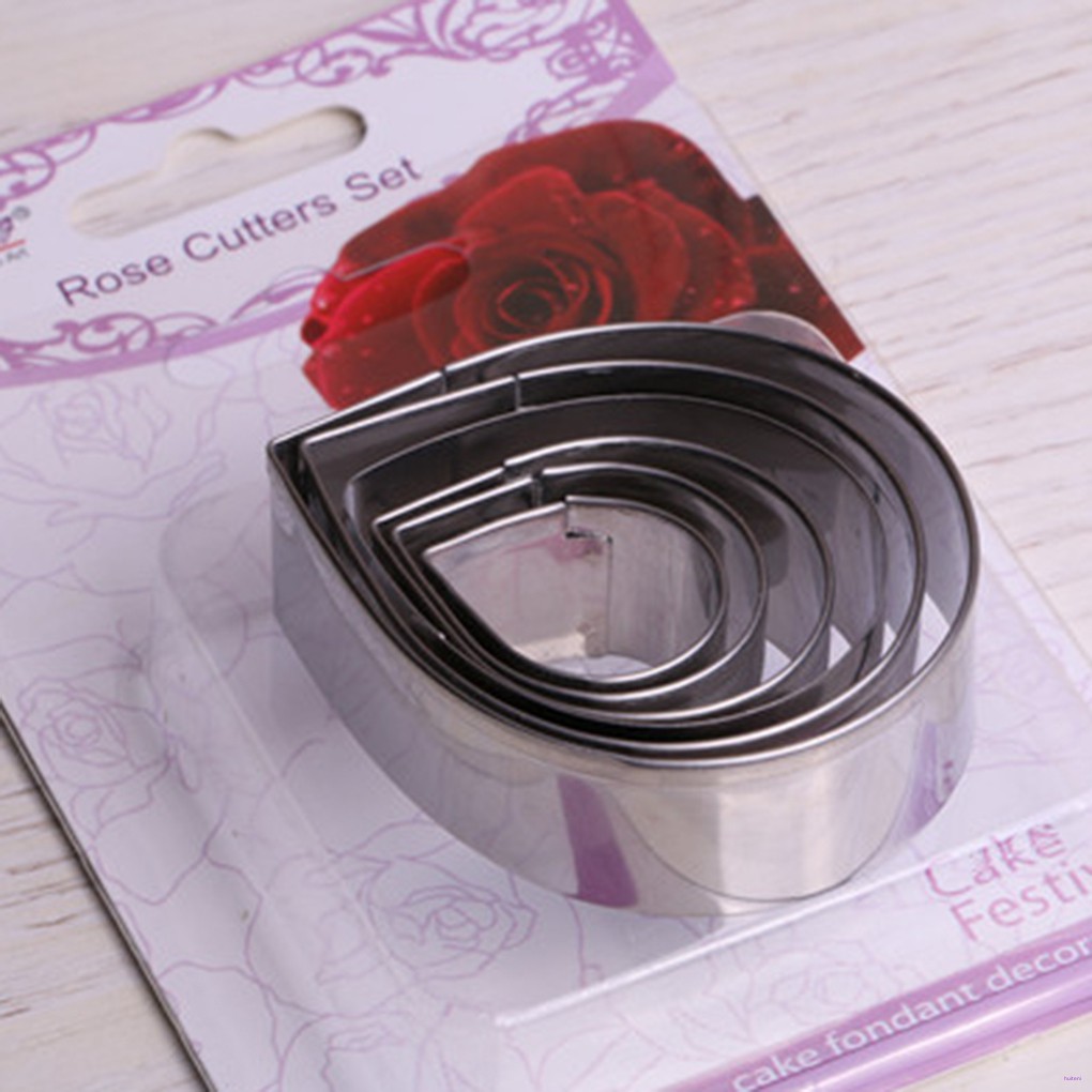 6pcs Cetakan Pemotong Adonan Kue Desain Kelopak Bunga Rose Bahan Stainless Steel