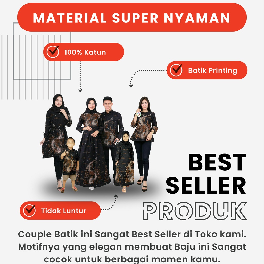 Saroja (085) Couple Keluarga Batik Gamis Batik Katun Premium Motif Naga Gede