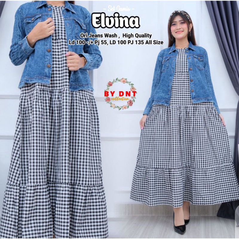 Outer set Elvina 2 in 1 set outer jeans dan gamis katun setelan jeans outer dan gamis
