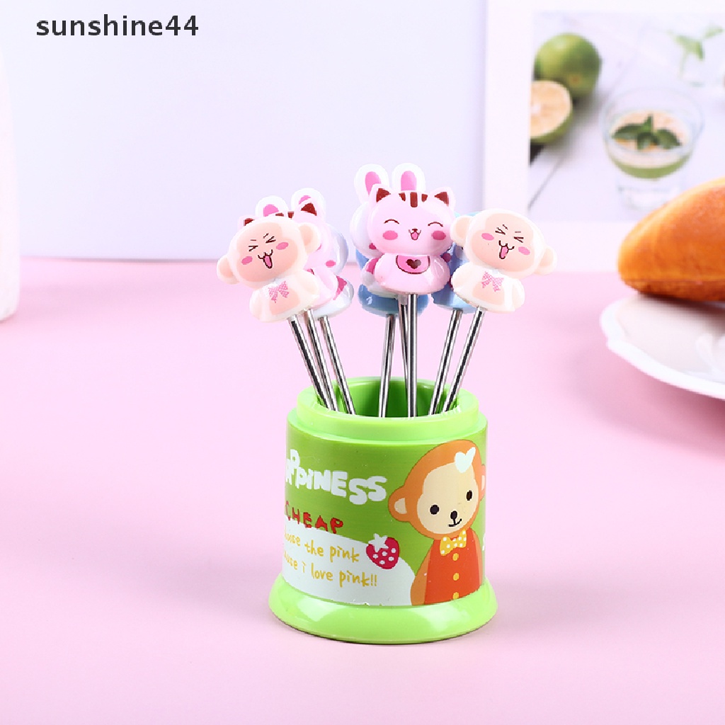 Sunshine 1 Set Garpu Buah / Dessert Bentuk Binatang Bahan Stainless Steel Warna Pelangi Dengan Toples Penyimpanan