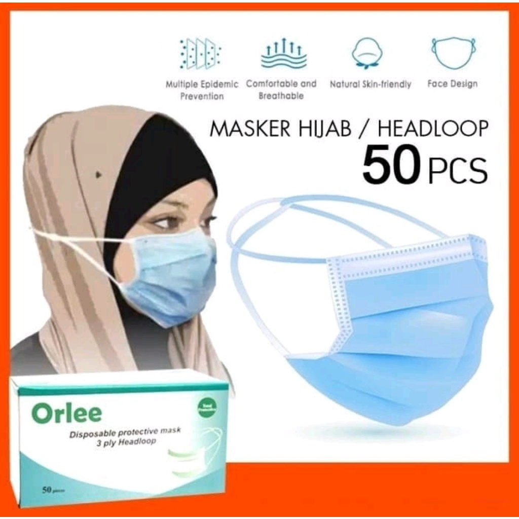 Masker 3 ply headloop hijab masker medis kemenkes 1 box isi 50 pcs Merk ORLEE Biru Blue