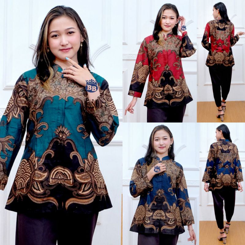 Blouse Wanita Motif Bunga Lotus Size M L Xl Warna Merah Biru Hijau