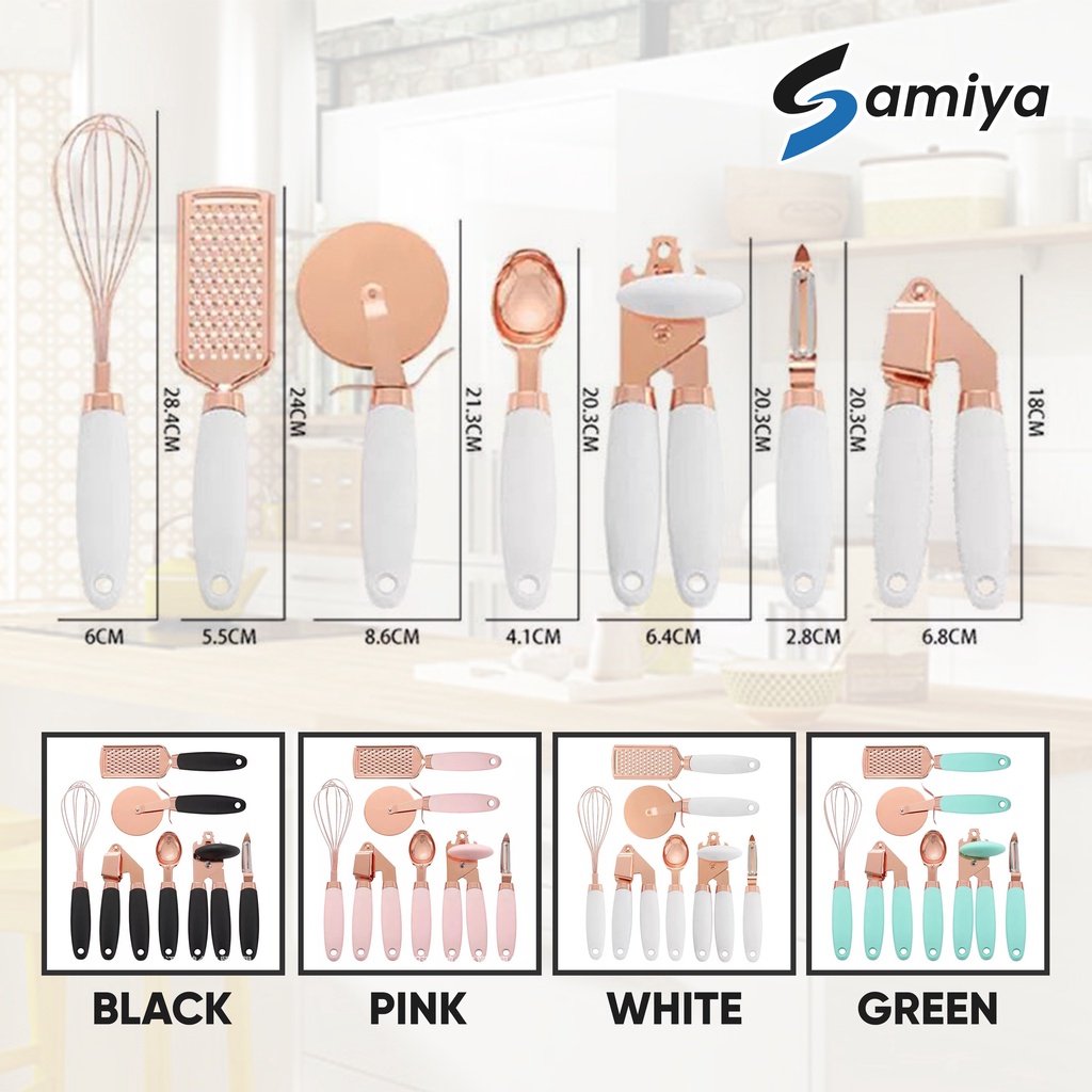 kitchen gadget set 7pcs / paket lengkap alat dapur rosegold garlic press penghancur bawang can opener pembuka kaleng parutan keju ice cream spoon sendok es krim egg beater pengocok telur pizza cutter pairing knife