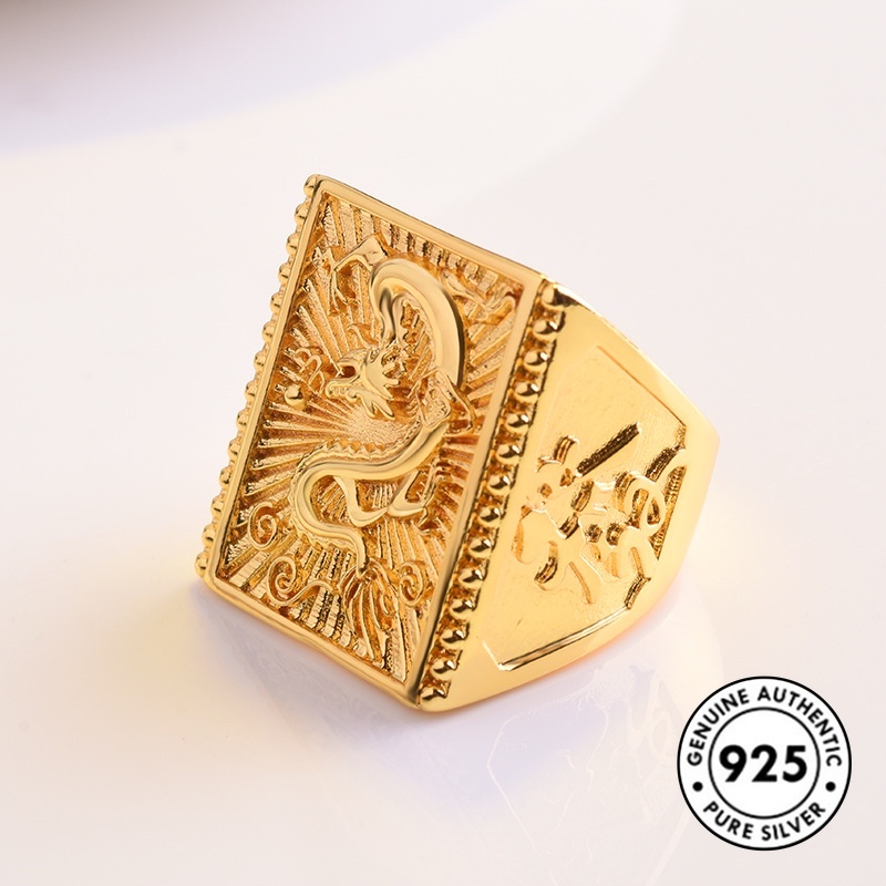 Cincin Desain Naga Bahan S925 Silver Gold Plated Gaya Retro Untuk Pria