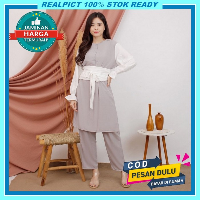 One Set Setelan Tunik Crinkle Airflow Premium Setcel Wanita Muslimah F Setcel Obi Stelan Jumbo Busui