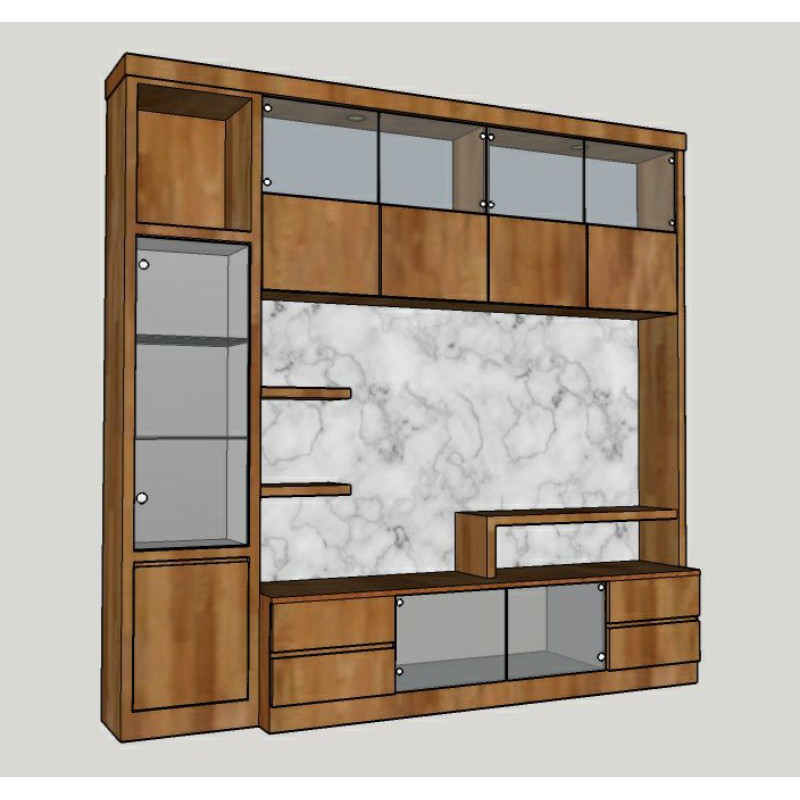 meja bacdrop dan almari pajangan lampu tv hpl p200xt220cm