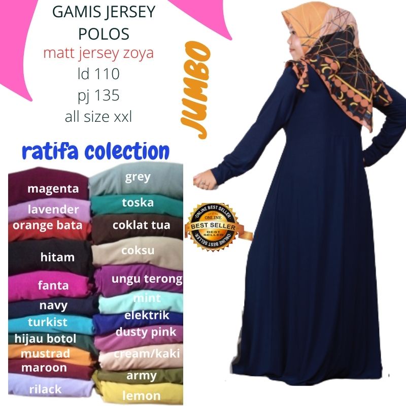 Gamis Jersey Polos busui Jumbo Ld 130/PJ140 Baju Wanita Super JUMBO |Ratifa collection.