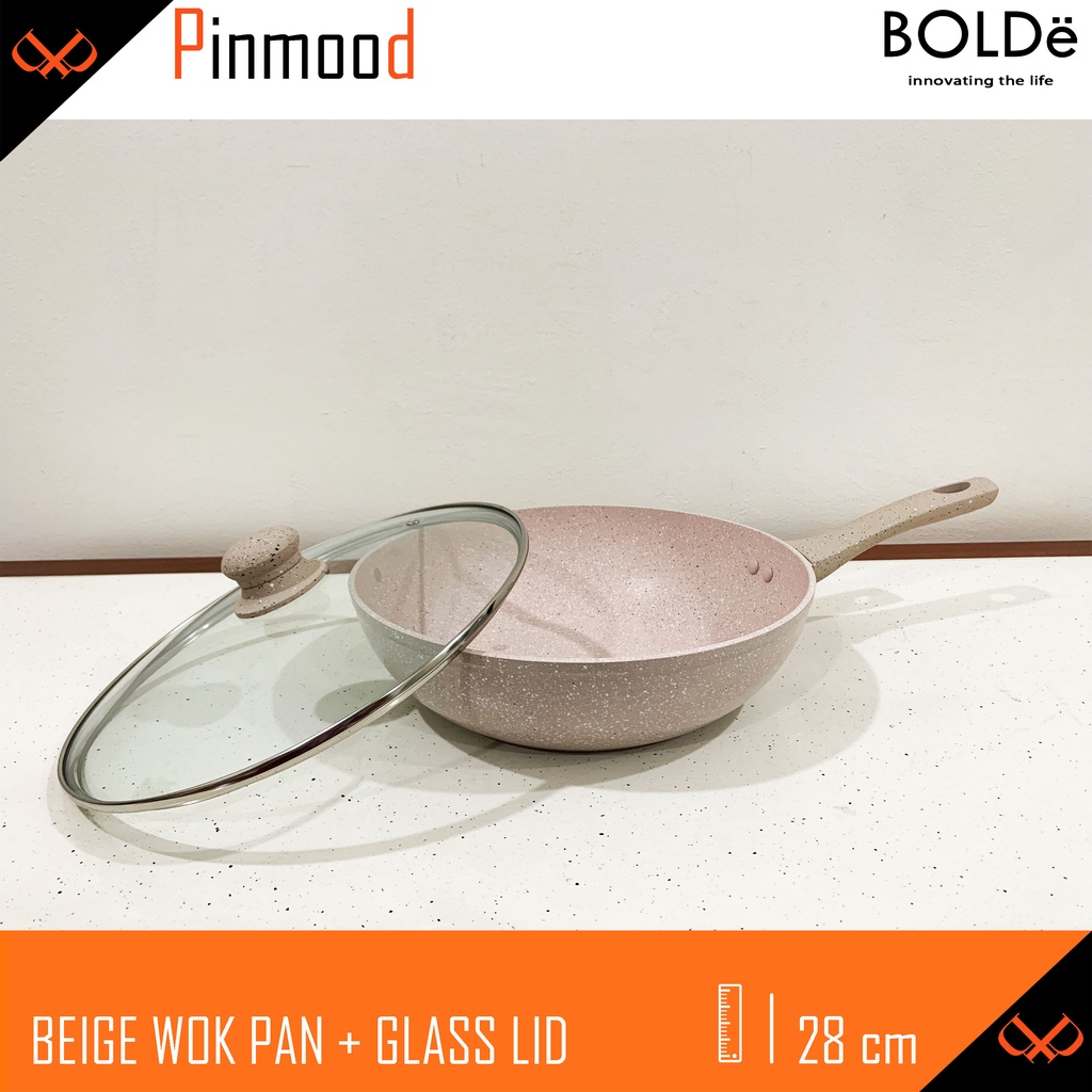 BOLDE BEIGE 28 CM WOK PAN + GLASS LID / TUTUP KACA SUPER PAN COATING GRANITE PANCI PENGGORENGAN WAJAN ANTI LENGKET