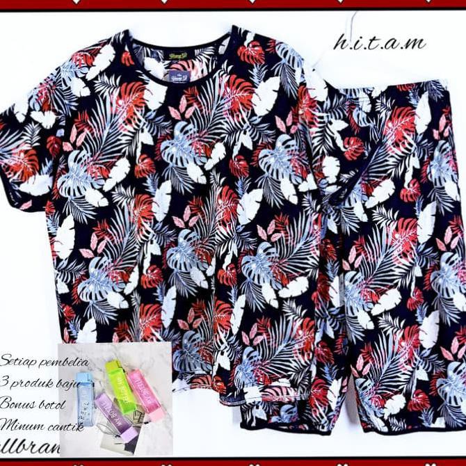 Ready-Dong Baju Tidur Katun Rayon Celana 3/4 Sebetis Motif Zara - Navy, L