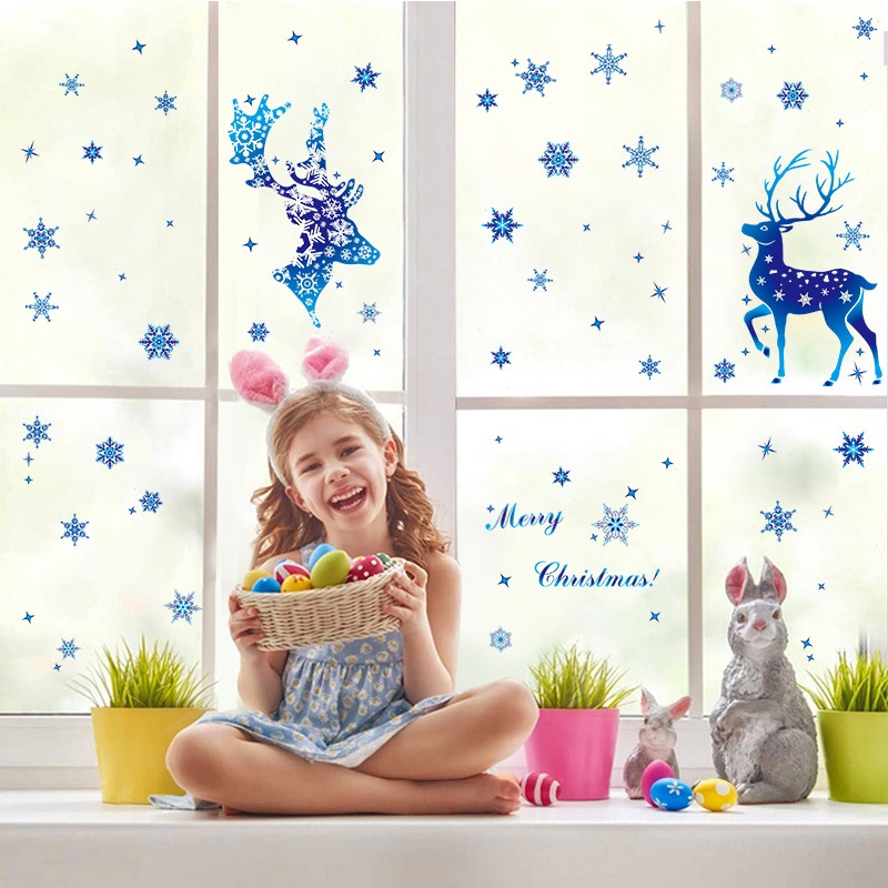 [Removable Christmas Snowflake Window Stickers] [Blue Snowflake Elk PVC Wall Glass Stickers For Home New Year Xmas Party Decor Noel]