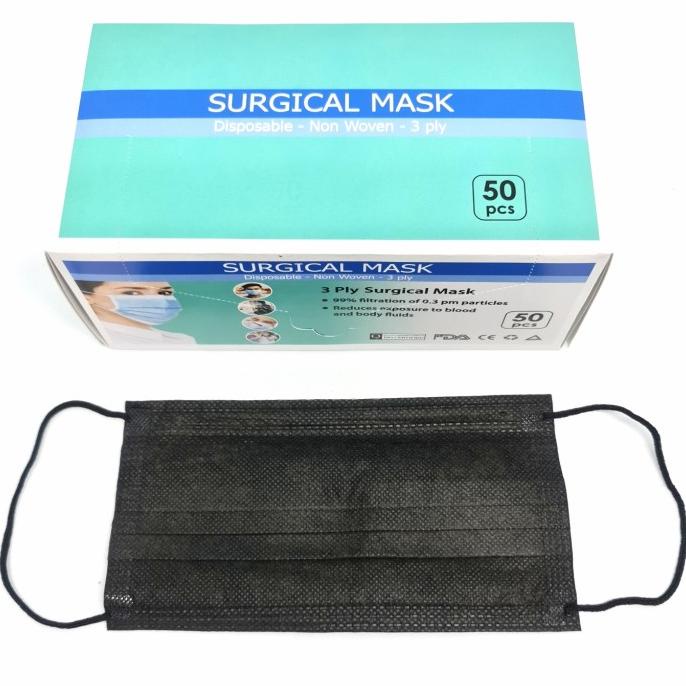 Masker 3 ply isi 50 pcs disposable earloop All Black 45-captikus Juara