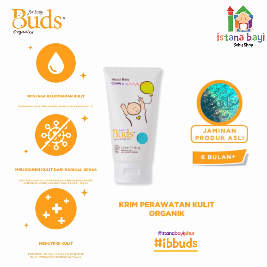 Buds Organics Happy Baby Cream 150 ml - Lotion atau Krim Perawatan Kulit Bayi dan Anak