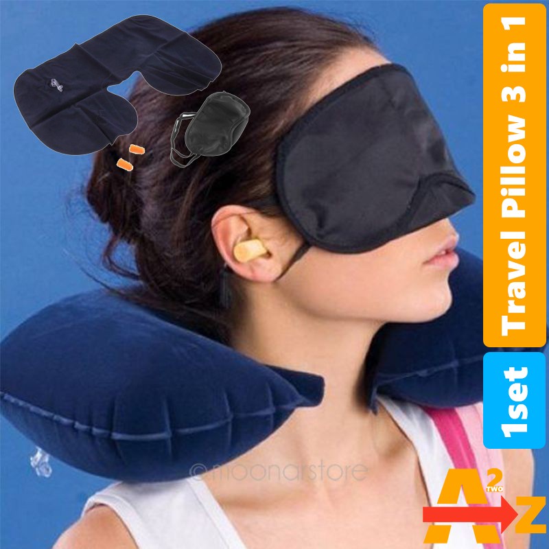 Bantal Angin Leher &amp; Penutup Mata &amp; Telinga - 3 in 1 - Bantal Tiup Travel Portable - Inflatable Neck Pillow for Traveling Office Camping