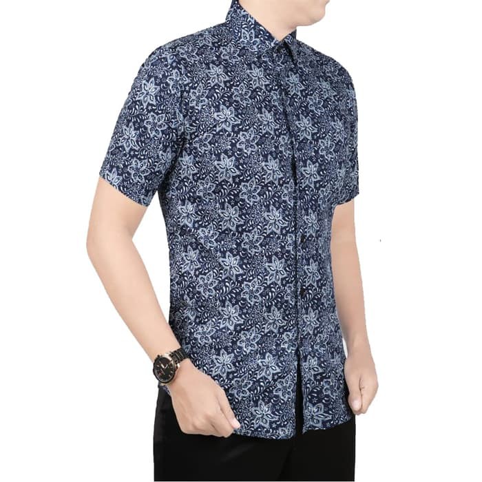 VM Kemeja Batik Biru Pendek Slimfit batik pria Modern