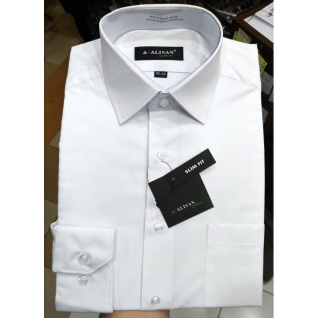 Kemeja Alisan Putih Polos Slimfit Lengan Panjang