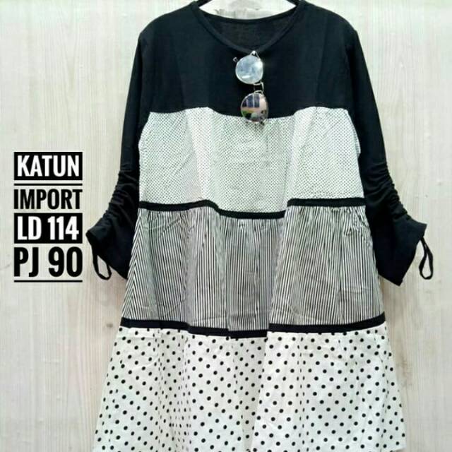 Tunic Kombinasi Hitam Putih, Tangan Serut, Kombinasi Bahan Linen dan Katun Import