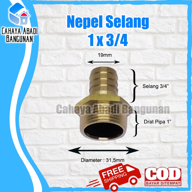 Nepel Selang 1 X 3/4 Inch Drat Luar Kuningan Sambungan Hose