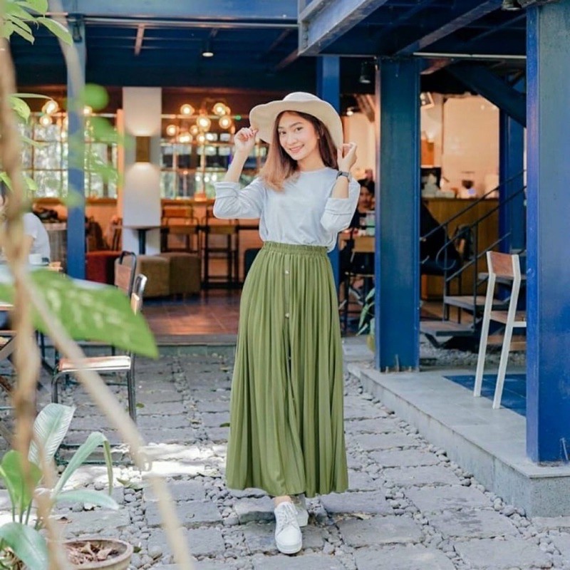 Rok Plisket Kancing Pleated Skirt / Flare Button Skirt Panjang Murah