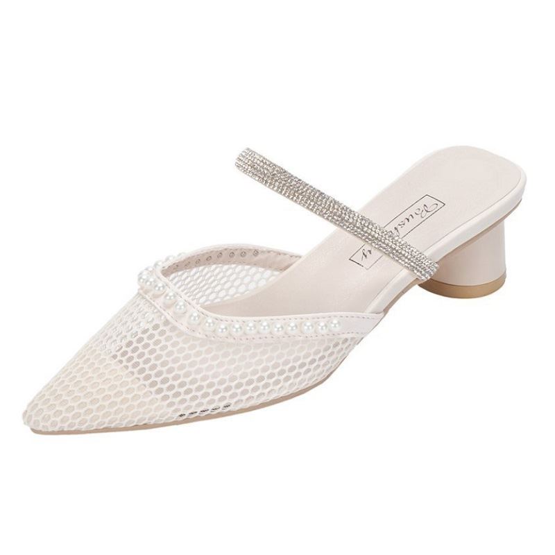 BJS012 - BEIGE/BLACK PU/NET - Sepatu Heels Pesta Wanita Elegan Impoirt 5CM SEPATU PESTA WANITA HIGH HEELS SEPATU HAK JARING MUTIARA PEARL ADA TALI FASHION IMPORT TERMURAH TERLARIS TERBARU BAGSTORE JAKARTA JSH012