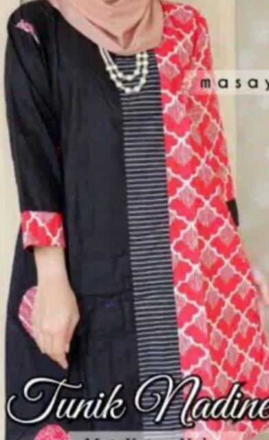 Tunik Nadine Batik Kombinasi Merah Tunik Batik Seragaman Kerja Kantor Tunik Nadin Tunic Nadine
