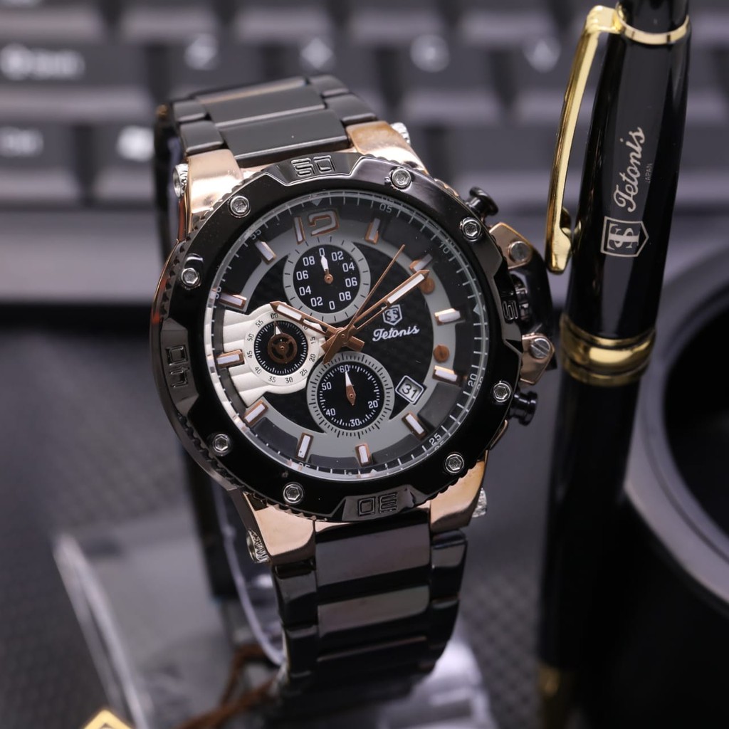 Grosiran Jam Tangan Pria Tetonis 4235TL Analog Chronograph Tali Rantai Free Pen, Kartu Garansi, dan Box (COD)