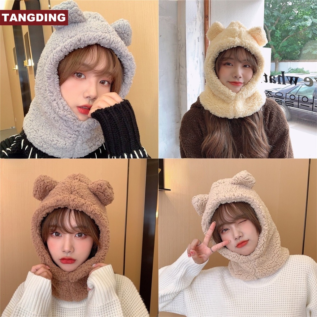 (Cod Tangding) Topi Hoodie Telinga Beruang Bahan Fleece 4 Warna Untuk Wanita / Musim Dingin