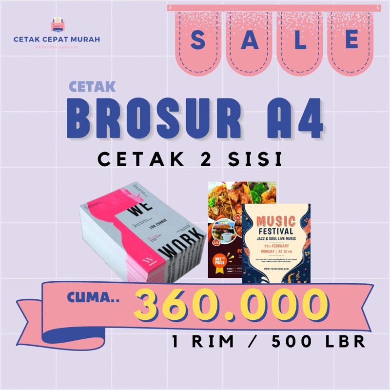 

CETAK BROSUR MURAH CEPAT. Ukuran A4, 1 SISI. 2 RIM/1000 LBR. Bahan Art Paper 120 gr.