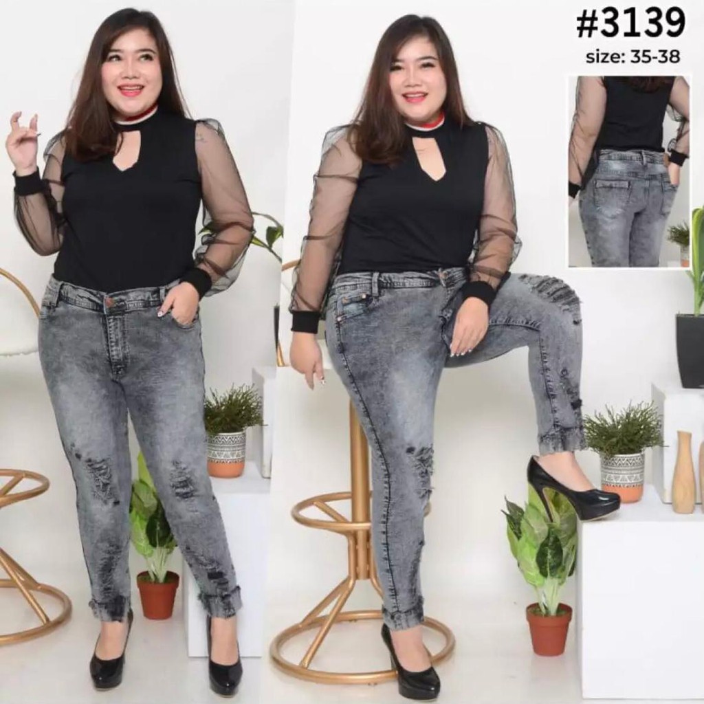 Celana Jeans Wanita Pensil 7/9 Stik Balik Sobek Tambal 31-34 35-38 Bisa Bayar Ditempat(COD)