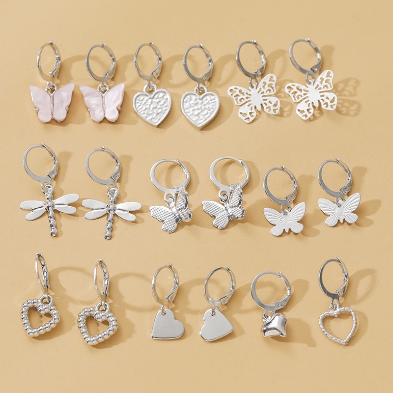 9 Pasang Anting Tusuk Model Kupu-Kupu / Hati Warna Emas Gaya Eropa / Amerika Untuk Wanita Butterfly