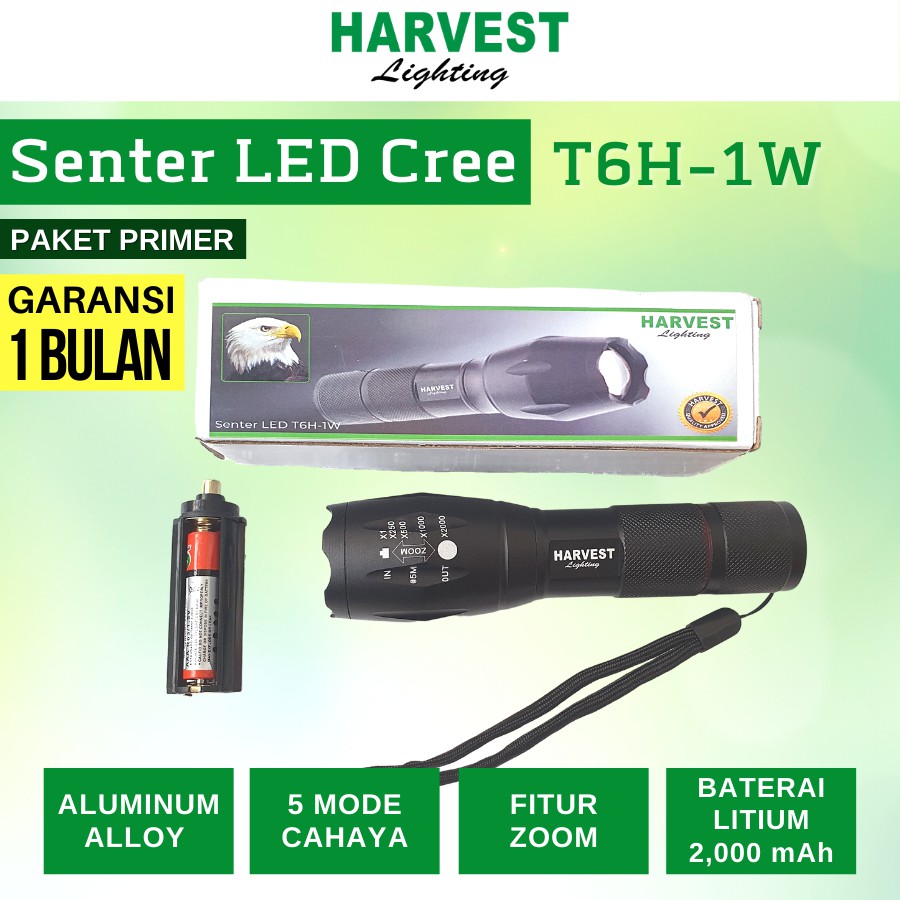 Lampu Senter LED T6 Cree HARVEST LIGHTING Flashlight Flash Light Baterai  Isi  Ulang Rechargeable  Bergaransi